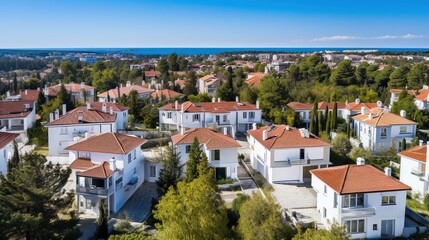 Obraz premium Modern white houses with red tile roofs in a Mediterranean setting