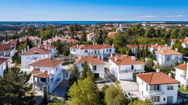 Modern white houses with red tile roofs in a Mediterranean setting
