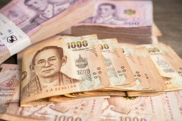 Fototapeta na wymiar Thai baht banknotes, business saving finance investment concept.