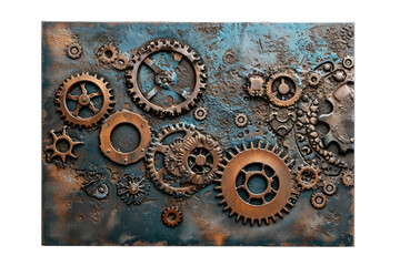 collection of various sized and shaped gears and cogwheels affixed to a textured background
