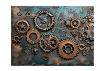 collection of various sized and shaped gears and cogwheels affixed to a textured background
