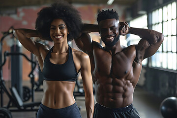 couple flexing their muscles, working out in gym, health and wellness - obrazy, fototapety, plakaty
