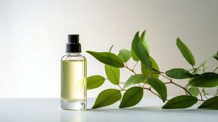 glass bottle of cosmetic serum with a branch with green leaves on a light background