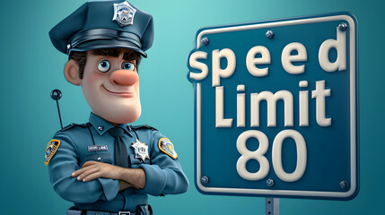 3D illustration of a cartoon police officer standing next to a speed limit sign showing 80.