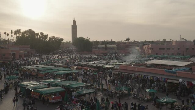 Sunset at Jemaa el-Fnaa Square and Market Place in Medina Quarter Old City Marrakesh, Morocco