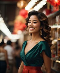 Vibrant image of a cheerful Asian woman wearing national dress, radiating joy