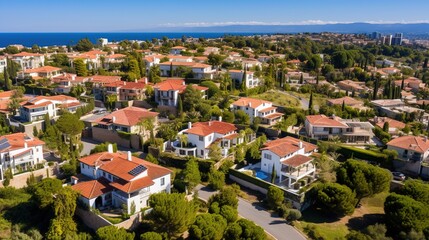 Obraz premium An aerial view of a wealthy neighborhood with large houses and swimming pools