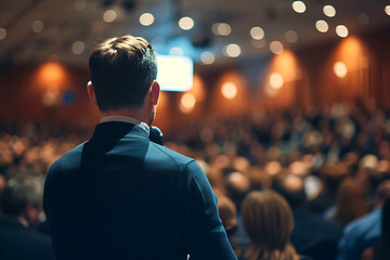 Rear view of people in audience at the conference hall, Speaker giving a talk in conference hall at business event. - obrazy, fototapety, plakaty