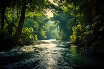 Fototapeta premium A peaceful river meandering through a lush, vibrant green forest, creating a tranquil and picturesque scene., River in rainforest, AI Generated, AI Generated