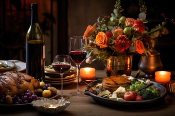 A classic Thanksgiving spread featuring a beautifully roasted turkey accompanied by a glass of wine., Rustic Thankgiving Dinner, AI Generated, AI Generated