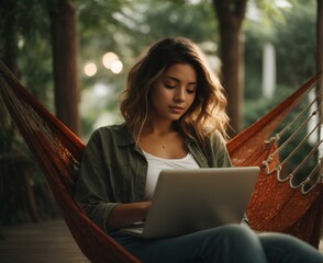 focused young woman writes on laptop while lying on hammock