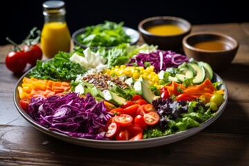 Photo of a balanced salad with colorful veggies and dressing. Generative AI