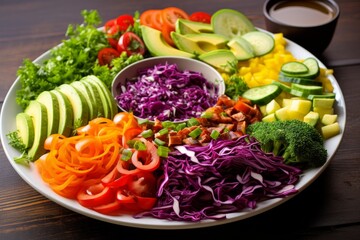 Photo of a balanced salad with colorful veggies and dressing. Generative AI