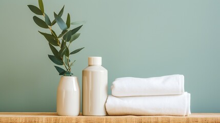 Fototapeta na wymiar No plastic concept. Top view vertical photo of ceramic vase with eucalyptus white towel cream jar glass bottles with natural cosmetics on wicker stands on isolated pastel beige background