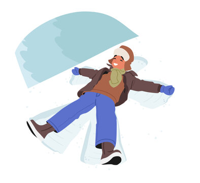 Joyous Boy Lies In Freshly Fallen Snow, Limbs Outstretched, Creating A Snow Angel, Cartoon People Vector Illustration