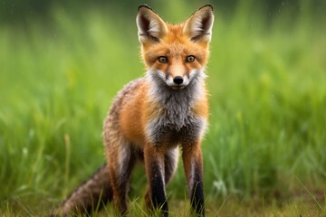 Naklejka na ściany i meble A red fox stands in a grassy field, blending effortlessly with its surroundings., Red fox, Vulpes vulpes, a solitary mammal in the grass, UK, AI Generated, AI Generated