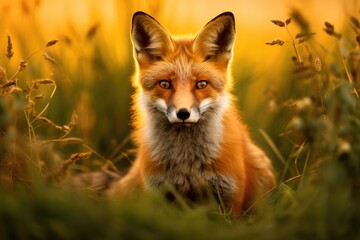 A fox up close in a field of green grass., Red fox, Vulpes vulpes, a solitary mammal in the grass, UK, AI Generated, AI Generated