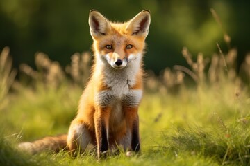 Naklejka na ściany i meble A vibrant red fox perched peacefully on top of a thriving green field, displaying natures harmony., Red fox, Vulpes vulpes, a solitary mammal in the grass, UK, AI Generated, AI Generated