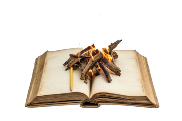 fire is active with bright orange and yellow flames consuming the wood and the pages of the book