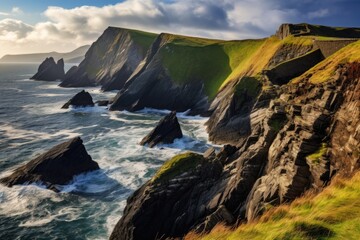 Majestic Cliffs of the Coast Overlooking the Vast Ocean, Ring of Dingle Peninsula Kerry Ireland Dunquin Pier Harbor Rock Stone Cliff Landscape Seascape, AI Generated, AI Generated