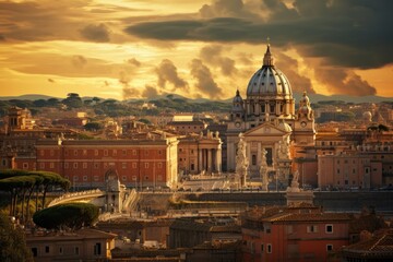 Fototapeta na wymiar Immerse yourself in the breathtaking views of the city of Rome at sunset, capturing the essence of its historic charm and timeless beauty., Rome, Italy city view, AI Generated, AI Generated