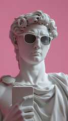 Greek statue wearing glasses on pink background Generative AI