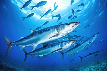 Obraz premium A multitude of fish gracefully swim together in the vast expanse of the ocean., School of Barracuda swimming in the Red Sea, Egypt, Africa, AI Generated, AI Generated