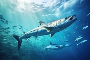 Naklejka premium A massive shark swims effortlessly through a swirling mass of fish, dominating the underwater scene., School of Barracuda swimming in the Red Sea, Egypt, Africa, AI Generated, AI Generated
