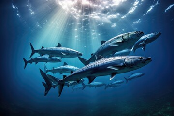 Obraz premium A school of fish swimming gracefully in the clear blue ocean., School of Barracuda swimming in the Red Sea, Egypt, Africa, AI Generated, AI Generated