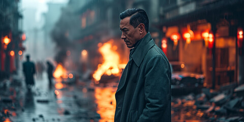 Asian man in front of fire Generative AI