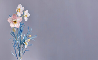 narcissus dreamy and romantic. Mother's day, Valentines Day, Birthday celebration concept. Greeting card. Copy space for text, top view. Generative AI