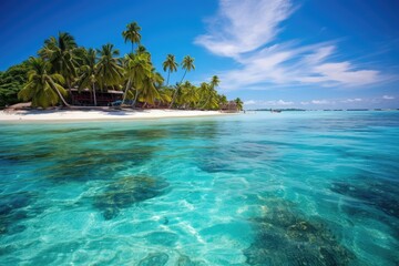 Fototapeta na wymiar A captivating tropical island featuring lush palm trees and tranquil, crystal-clear blue water., San Andres & Providencia Islands Caribbean Colombia, AI Generated, AI Generated