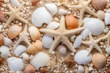 Fototapeta na wymiar Sea Shells and Starfish on a Sandy Beach, Natural Treasures on the Coastline, Sandy beach with a collection of seashells and starfish as a natural textured background, AI Generated, AI Generated