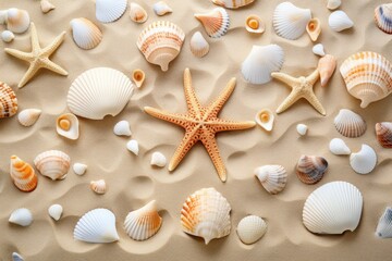 Fototapeta na wymiar Starfish and Sea Shells on a Sandy Beach - Natural Beauty in Coastal Setting, Sandy beach with a collection of seashells and starfish as a natural textured background, AI Generated, AI Generated