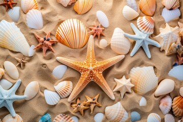 Fototapeta na wymiar A picturesque scene of a starfish and sea shells scattered on a sandy beach., Sandy beach with a collection of seashells and starfish as a natural textured background, AI Generated, AI Generated