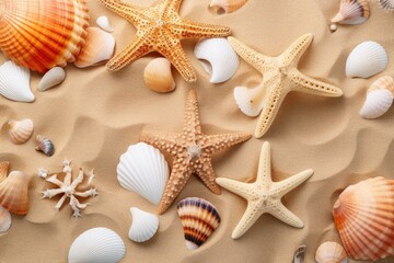 Fototapeta na wymiar Group of Starfish and Seashells on a Sandy Beach, Sandy beach with a collection of seashells and starfish as a natural textured background, AI Generated, AI Generated