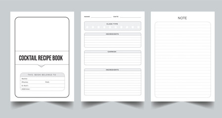 Editable Cocktail Recipe Book Planner Kdp Interior printable template Design.