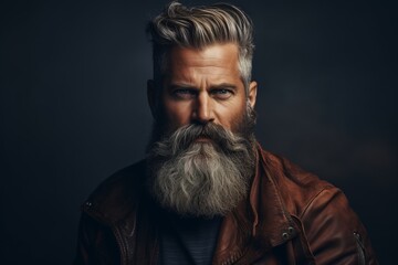 Portrait of a stylish bearded man in a brown jacket. Men's beauty, fashion.