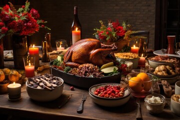 Fototapeta premium A beautifully arranged table filled with delectable food and softly glowing candles, creating a cozy and welcoming ambiance., Rustic Thanksgiving Dinner, AI Generated, AI Generated