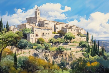 Obraz premium A captivating and scenic depiction of a quaint village sitting atop a picturesque hill., Saint-Paul de Vence, portrayed in the style of Paul CÃ©zanne, AI Generated, AI Generated