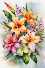 Fototapeta na wymiar Bouquet of tropical flowers. Watercolor art. Greeting card for Valentine's Day, birthday, wedding, anniversary or Mother's Day