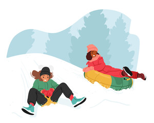 Joyful Kids Sled Down Snowy Hills, Laughter Echoing In The Crisp Winter Air. Bright Scarves Trail Behind, Vector Scene