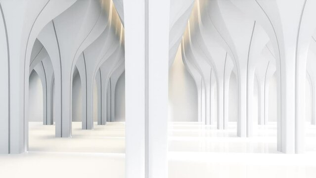 Animation of modern luxury white hall abstract space interior concept 3d render ,There are smooth shape column pattern decorate with led stripe light.