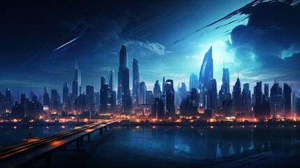 Futuristic night city, 3d rendering, digital drawing, Cityscape on a colorful background with bright and glowing neon lights, Beautiful neon night in a cyberpunk city