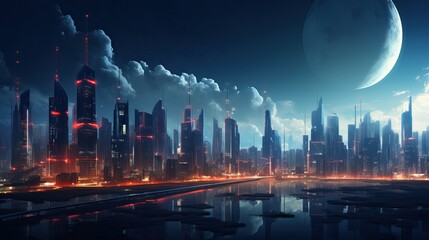 Futuristic city at night with full moon, 3d rendering, Concept for night life, Futuristic night city, Cityscape on a colorful background with bright and glowing neon lights
