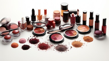 Set with different decorative cosmetics on white background.