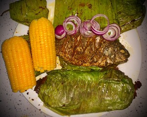 Fried fish with Boiled corn