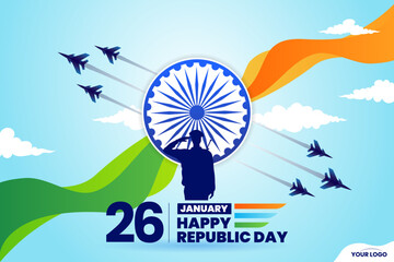 26 january republic day of india celebration with wavy indian flag and fighter jets vector - obrazy, fototapety, plakaty