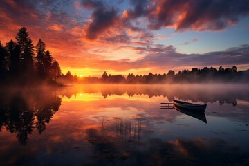 Photo of a peaceful lakeside scene at sunrise. Generative AI