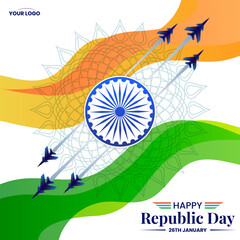 26 january republic day of india celebration with wavy indian flag and fighter jets vector - obrazy, fototapety, plakaty